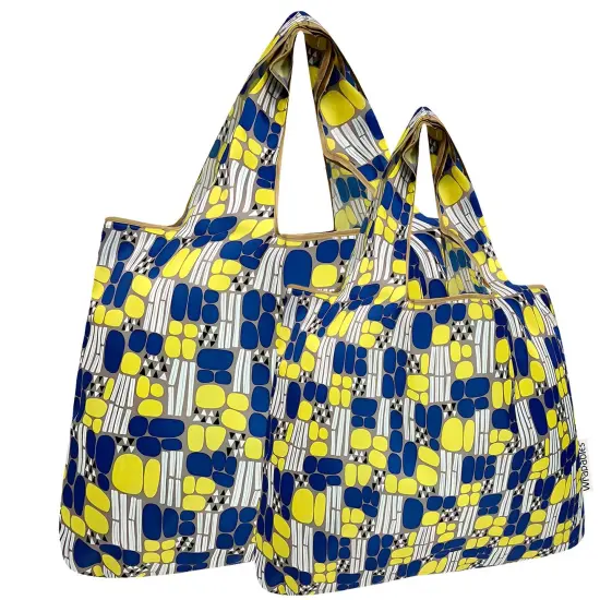 Wrapables Large & Small Foldable Tote Nylon Reusable Grocery Bags, Set of 2, Yellow Abstract {1}