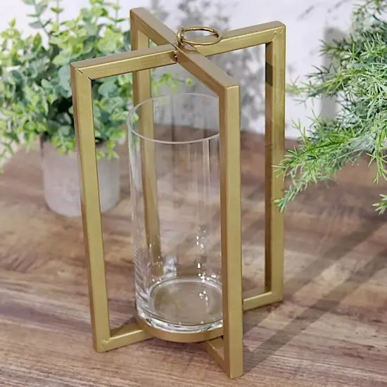 GOLD 11" Geometric Metal Cross Bar Lantern with Glass CANDLE HOLDER Party Event {2}
