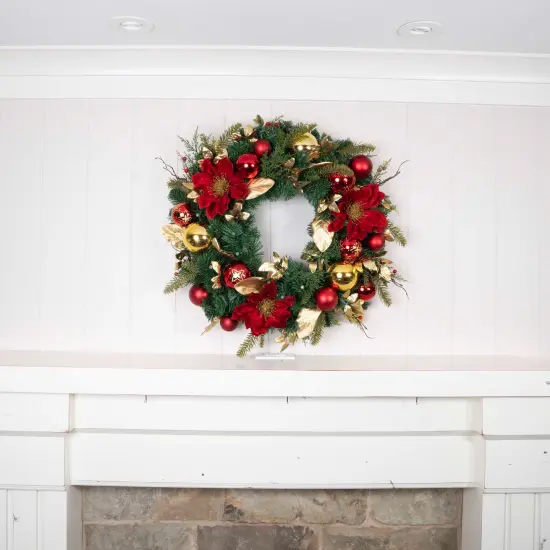 30 in. Lighted Christmas Wreath - Golden Leaf Red Magnolia {4}