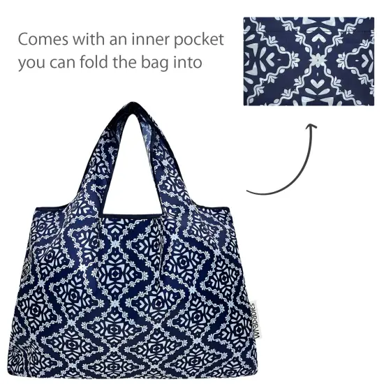 Wrapables Large Foldable Tote Nylon Reusable Grocery Bags, Navy Deco {5}