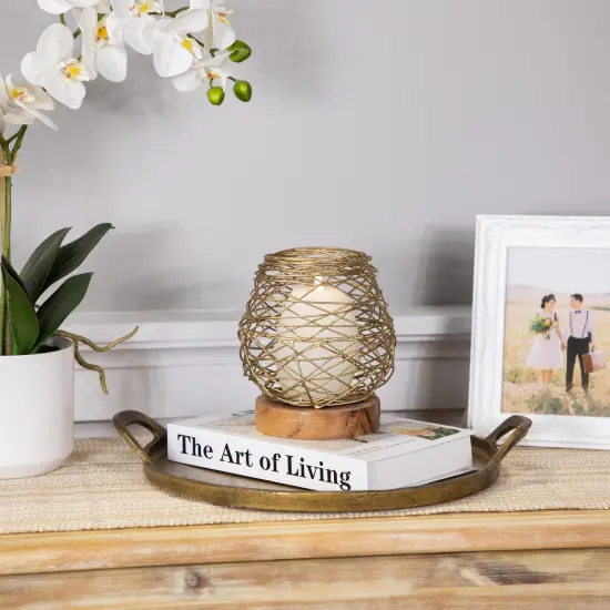 Northlight Small Woven Iron Votive Candle Holder with Wooden Base - 6.25" - Brass Finish Gold {4}