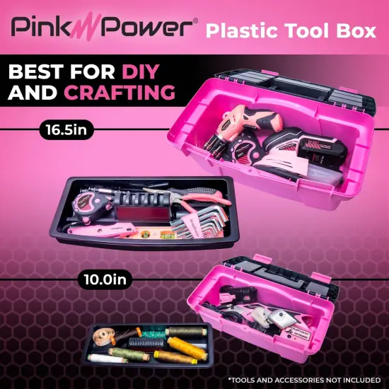 Pink Power Pink Tool Box for Women - Sewing, Art & Craft Organizer Box Small & Large Plastic Tool Box with Handle - Pink Toolbox Sewing Box Tool Storage Box - Portable Mini Locking Tool Boxes (2 Pack) {6}