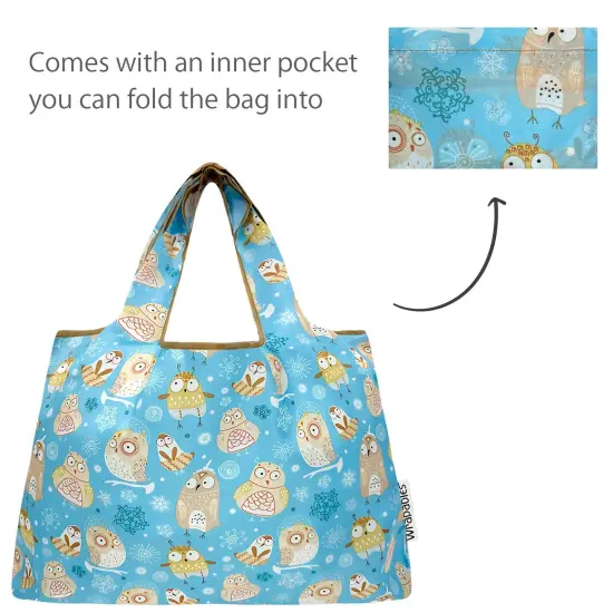 Wrapables Large & Small Foldable Tote Nylon Reusable Grocery Bags, Set of 2, Silly Owls {5}