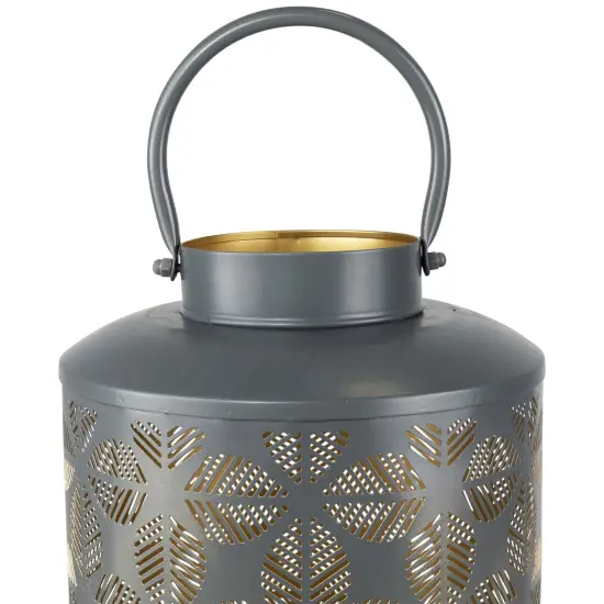 Northlight Laser-Cut Large Iron Candle Lantern with Handle - 15.25" - Gray and Gold {7}