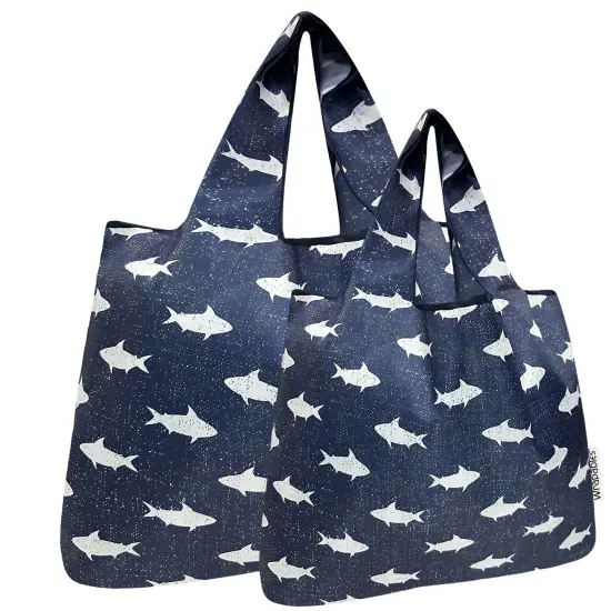 Wrapables Large & Small Foldable Tote Nylon Reusable Grocery Bags, Set of 2, Ocean Fish {1}