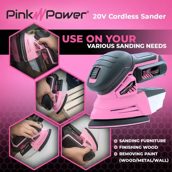Pink Power Sandpaper for 20V PP204 Cordless Electric Hand Sander - Detail Sand Paper Hook & Loop P60/P80/P120 Grit Sandpaper Pads for Wood, Furniture, & Wall - Sanding Sheets for Palm Sander {5}