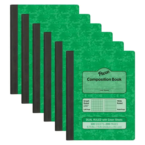 Dual Ruled Composition Book, Green, 1/4 in grid and 3/8 in (wide) 9-3/4" x 7-1/2", 100 Sheets, Pack of 6 {1}