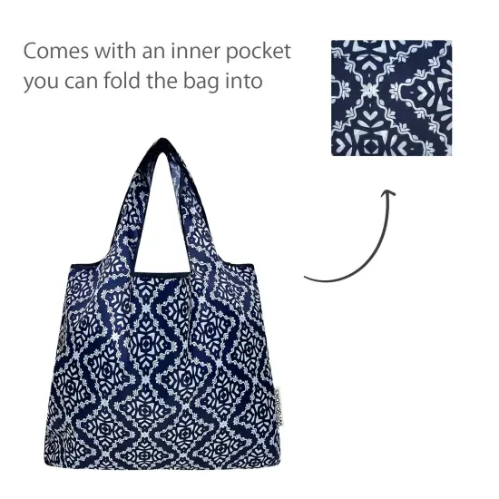Wrapables Medium Foldable Tote Nylon Reusable Grocery Bag (Set of 2), Navy Deco {5}