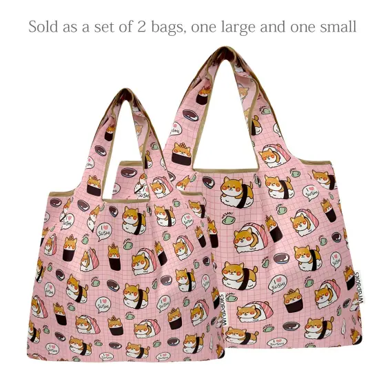 Wrapables Large & Small Foldable Tote Nylon Reusable Grocery Bags, Set of 2, Doggy Sushi {3}