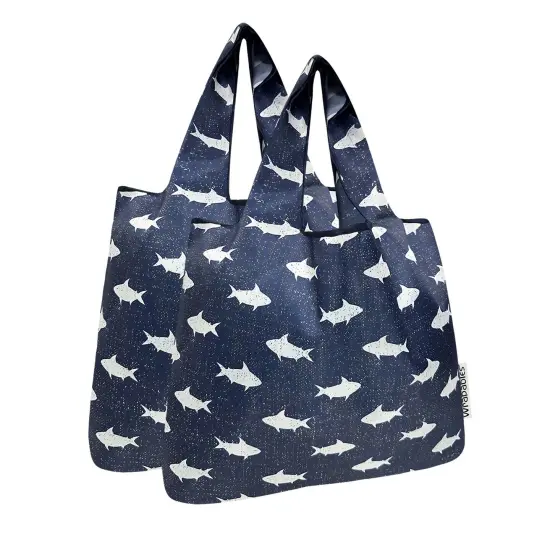 Wrapables Medium Foldable Tote Nylon Reusable Grocery Bag (Set of 2), Ocean Fish {1}