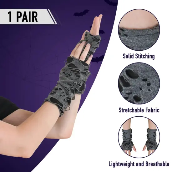 Punk Ripped Arm Warmers - Fingerless Long Sleeve Knitted Warmer Gloves Goth Accessories for Men and Women {5}