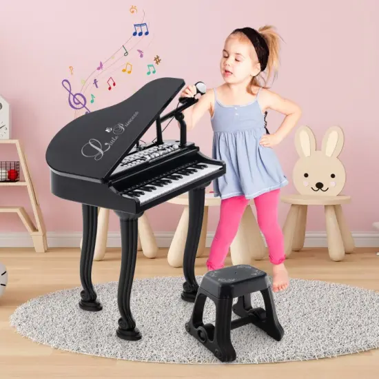 37 Keys Kids Piano Keyboard with Stool and Piano Lid Black {5}