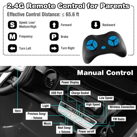 12V 2-Seat Kids Ride On Car with 2.4G Remote Control and USB Port Black {6}