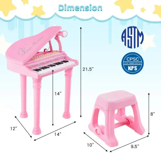 31 Keys Kids Piano Keyboard with Stool and Piano Lid Pink {4}