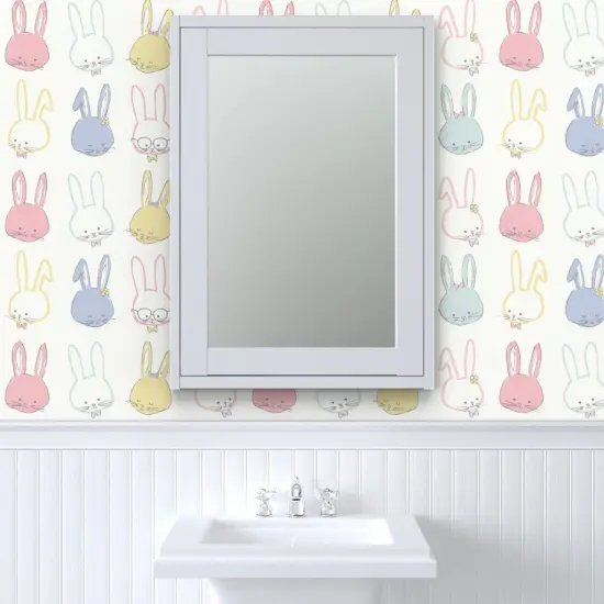 Peel & Stick Wallpaper 2FT Wide Easter Bunnies Pastel Spring Periwinkle Lilac Blue Pink Ivory Garden Hand Drawn Whimsical Rabbits Custom Removable Wallpaper by Spoonflower {6}