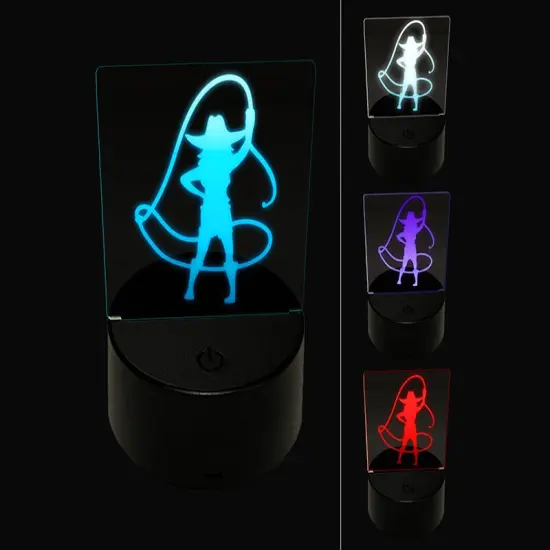 Rodeo Cowboy Woman Cowgirl Waving Lasso Around 3D Illusion LED Night Light Sign Nightstand Desk Lamp {1}