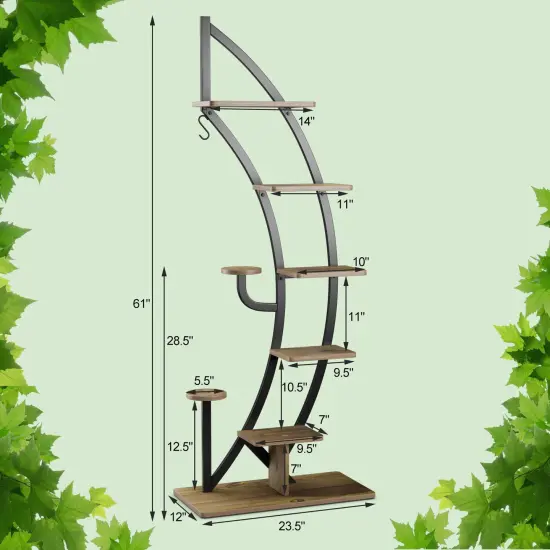 6 Tier 9 Potted Metal Plant Stand Holder Display Shelf with Hook Natural {2}