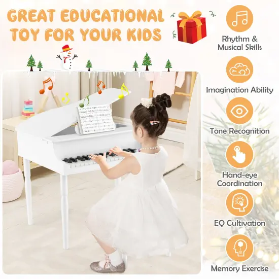 30-Key Wood Toy Kids Grand Piano with Bench and Music Rack White {5}