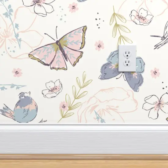 Pre-Pasted Wallpaper 2FT Wide Garden Butterfly Songbird Pastel Pink Purple Botanical Whimsical Soft Pastels Floral Custom Pre-pasted Wallpaper by Spoonflower {4}