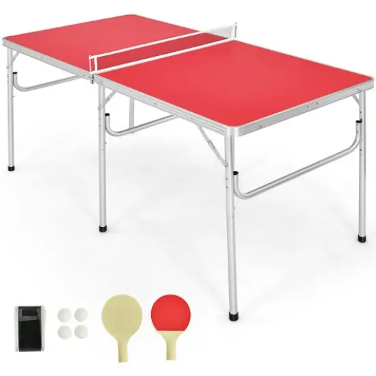 60 Inch Portable Tennis Ping Pong Folding Table with Accessories Red {1}