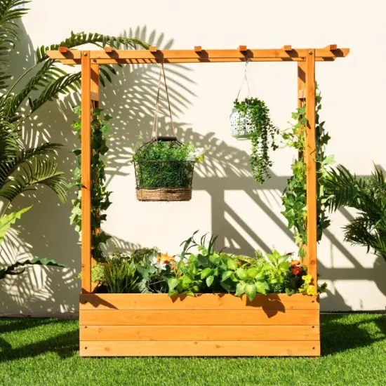 Raised Garden Bed with Trellis or Climbing Plant and Pot Hanging {5}
