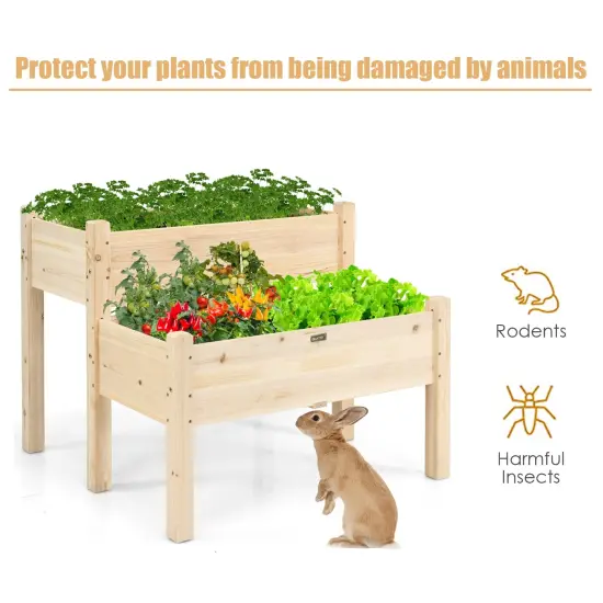 2 Tier Wooden Raised Garden Bed with Multiple Draining Holes Suitable for Yards or Porches Natural {5}