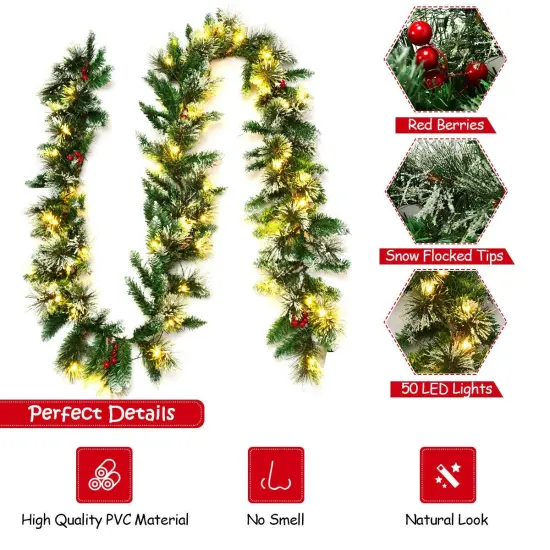 9 Feet Pre-lit Snow Flocked Tips Christmas Garland with Red Berries {5}