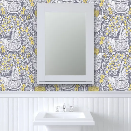 Pre-Pasted Wallpaper 2FT Wide Exotic Damask Tropical Fruit Monkey Parrot Arts And Crafts Lemon Tree Yellow Gray Grey Custom Pre-pasted Wallpaper by Spoonflower {6}