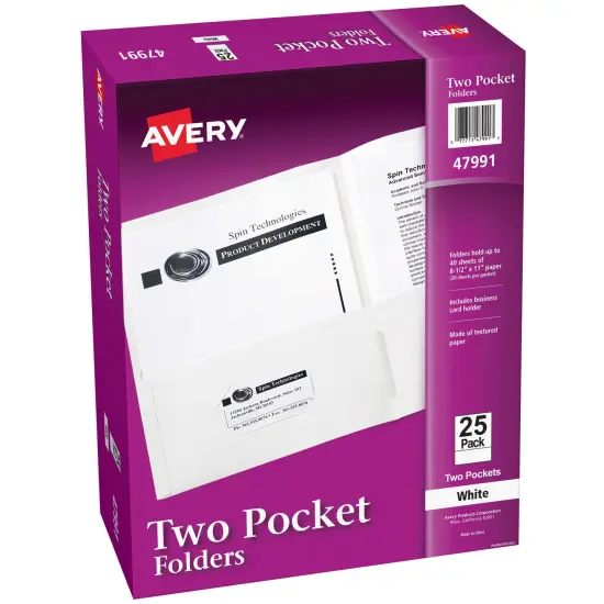 Avery Two Pocket Folders, Holds up to 40 Sheets, 25 White Folders (47991) {1}