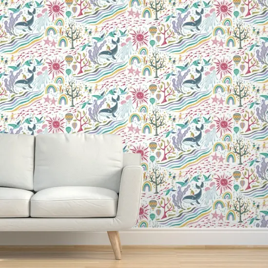 Pre-Pasted Wallpaper 2FT Wide Under The Sea Blue Pink Purple Whale Sun Sea Creatures Custom Pre-pasted Wallpaper by Spoonflower {5}