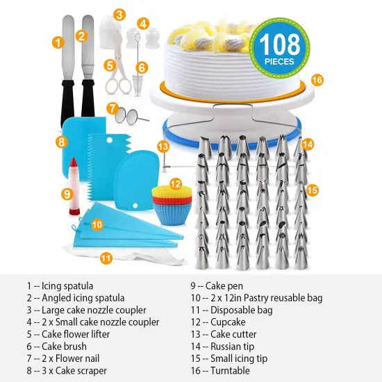 108Pcs Cake Decorating Supplies Kit 11in Revolving Cake Table with Stand Base and Baking Tools {1}