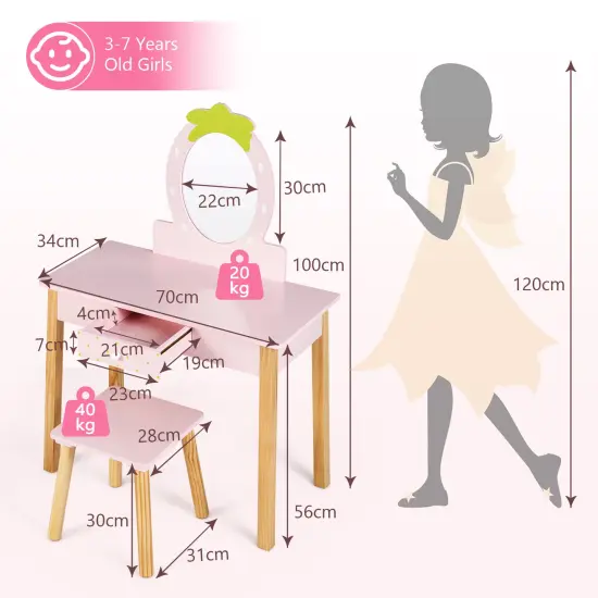 2-in-1 Children Vanity Table Stool Set with Mirror-Pink {2}