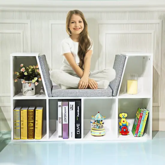 6-Cubby Kid Storage Bookcase Cushioned Reading Nook White {6}