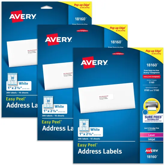 Avery Address Labels for Laser & Inkjet Printers, 300 Labels Per Pack, 3 Packs, 900 Total (18160) {1}