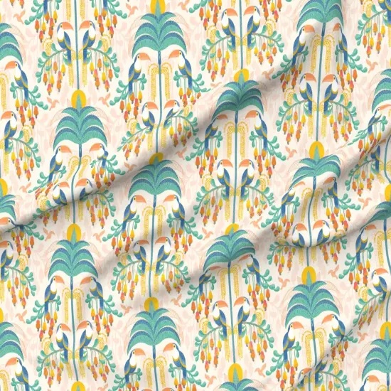 Various Fabrics by the Yard or Fat Quarter Rainforest Damask Light Tropical Forest Exotic Birds Fruit Soft Orange Coral Salmon Bright Pastel Boho Yellow Mint Blue Large Scale Custom Printed Fabric by Spoonflower {6}