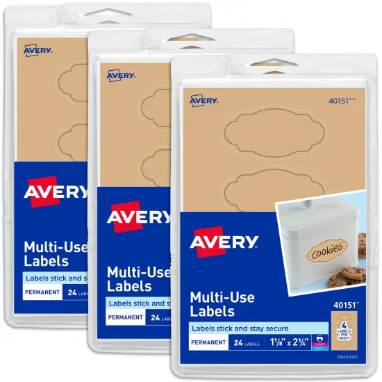 Avery Multi-Use Labels, Kraft Brown Oval Scroll, 24 Labels Per Pack, 3 Packs, 72 Total (40151) {1}