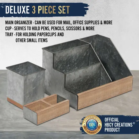 HBCY Creations 3 PIECE Desk Organizer Set- Rustic Mail Organizer For Desktop - Great For Rustic or Industrial Decor! Makeup Organizer For Vanity Galvanized {2}
