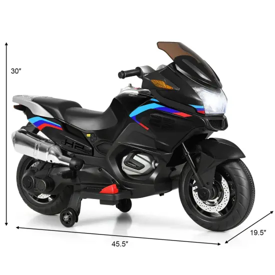 Iron Kids Ride-On Motorcycle with LED, Music and Training Wheels Black {4}