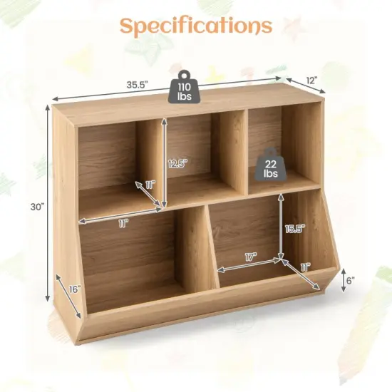 5-Cube Wooden Kids Bookshelf Organizer with 3 Upper Cubes for Books and 2 Large Cubes for Toys Natural {5}