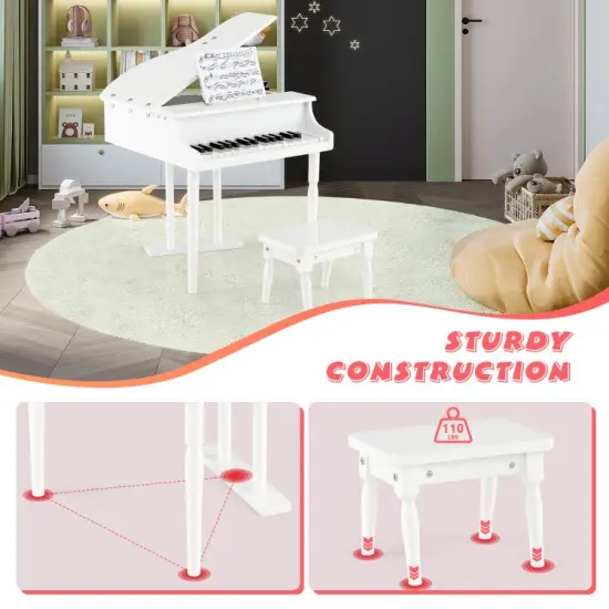 MDF and Birch Kids Classical Piano with Bench, Music Stand and Safe Design White {6}