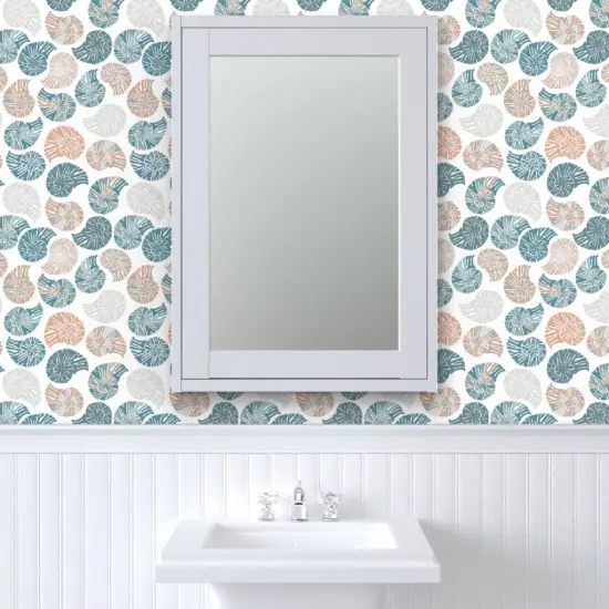 Pre-Pasted Wallpaper 2FT Wide Coastal Shells Beach Blue Terra Cotta Seashells Nautical Custom Pre-pasted Wallpaper by Spoonflower {6}