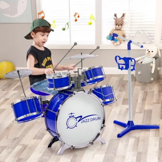 Jazz Drum Musical Instrument Set with Stool and Microphone Stand Ideal for Kids Birthday or Others Occasions Blue {2}