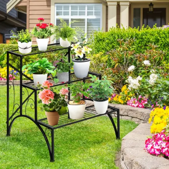 3-Tier Metal Plant Rack Garden Shelf in Stair Style {6}
