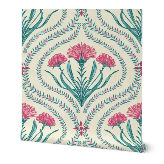 Peel & Stick Wallpaper 2FT Wide Floral Ogee Indian Chintz Green Pink Xl Large Scale Damask Vibrant Classic Custom Removable Wallpaper by Spoonflower {7}