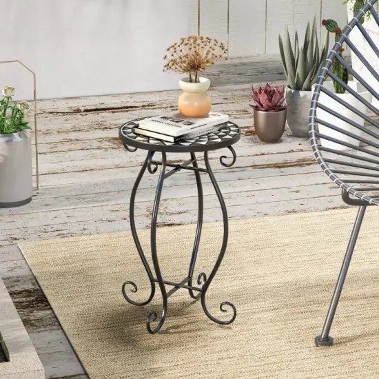 12" Round Ceramic Tile Table with Floral Mosaic Design and Metal Legs Ideal for Balcony or Deck Black & White {4}