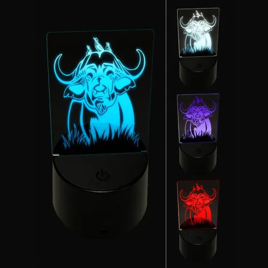 African Cape Buffalo with Oxpecker Birds 3D Illusion LED Night Light Sign Nightstand Desk Lamp {1}