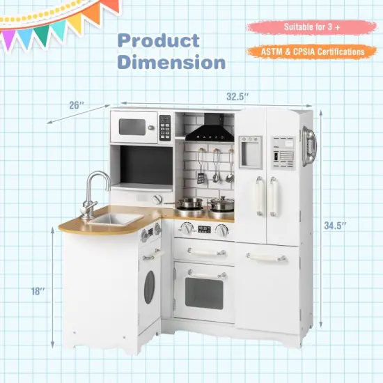 Wooden Kid's Corner Kitchen Playset with Stove for Toddlers-White {4}