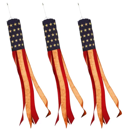 G128 3 Pack: American USA Tea-Stained Windsock | 60 Inch | Embroidered 420D Polyester | Patriotic Decor, Embroidered Design, Indoor/Outdoor, Brass Grommets {1}