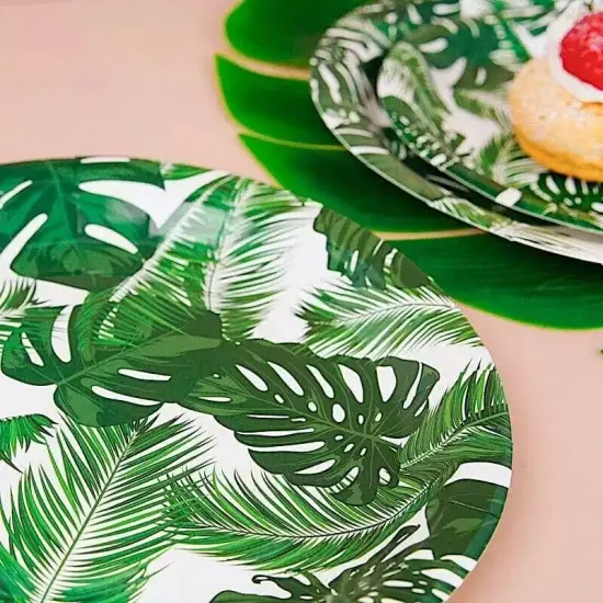 25 WHITE 9" Round Paper Plates with TROPICAL Leaves Design {4}