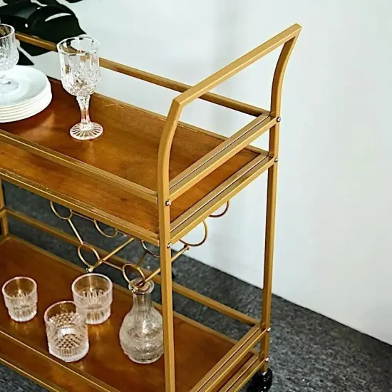 GOLD 3ft tall 2-Tier Rectangular Metal Bar Cart Wooden Serving Trays {4}